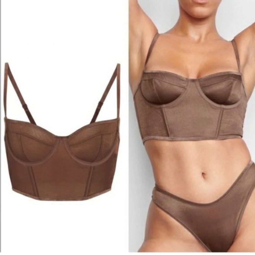SKIMS Chai Glissenette Cropped Corset Bra Balconette Top Shimmer Chai M